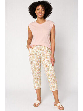 Quacker Factory Just Shelling French Terry Printed Crop Pant Sand, X-Large